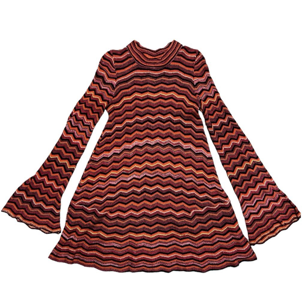 Free People 70’s Style Dress Multicolor Zigzag Knit Tunic — Size Medium